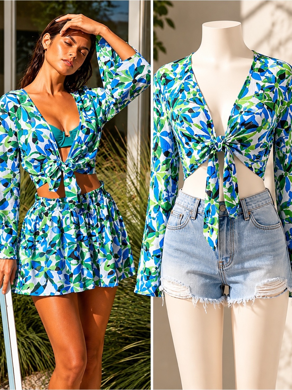 Sanctuary Swim | Tie Front Cover-Up Top Floral Blue Green Cotton | Large | NWT